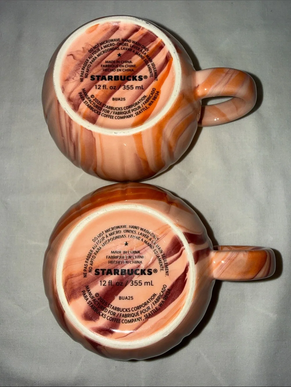 Set of 2 Starbucks 2025 Fall Orange Marbled Swirl Pumpkin Spice Ceramic Mugs Cup
